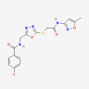 molecular formula C16H14FN5O4S B2756161 4-fluoro-N-((5-((2-((5-methylisoxazol-3-yl)amino)-2-oxoethyl)thio)-1,3,4-oxadiazol-2-yl)methyl)benzamide CAS No. 872614-09-0