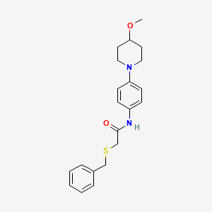 molecular formula C21H26N2O2S B2756187 2-(苄硫基)-N-(4-(4-甲氧基哌啶-1-基)苯基)乙酰胺 CAS No. 1797700-95-8