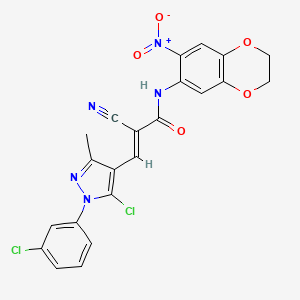 (E)-3-[5-chloro-1-(3-chlorophenyl)-3-methylpyrazol-4-yl]-2-cyano-N-(6-nitro-2,3-dihydro-1,4-benzodioxin-7-yl)prop-2-enamide