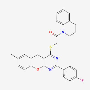 molecular formula C29H24FN3O2S B2756240 1-(3,4-dihydroquinolin-1(2H)-yl)-2-((2-(4-fluorophenyl)-7-methyl-5H-chromeno[2,3-d]pyrimidin-4-yl)thio)ethanone CAS No. 895640-11-6