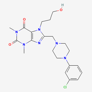 molecular formula C21H27ClN6O3 B2756241 8-{[4-(3-chlorophenyl)piperazin-1-yl]methyl}-7-(3-hydroxypropyl)-1,3-dimethyl-3,7-dihydro-1H-purine-2,6-dione CAS No. 851941-51-0