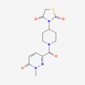 molecular formula C14H16N4O4S B2756245 3-(1-(1-Methyl-6-oxo-1,6-dihydropyridazine-3-carbonyl)piperidin-4-yl)thiazolidine-2,4-dione CAS No. 1798638-09-1