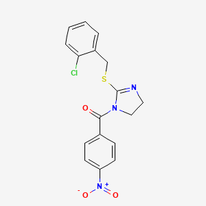 molecular formula C17H14ClN3O3S B2756247 [2-[(2-Chlorophenyl)methylsulfanyl]-4,5-dihydroimidazol-1-yl]-(4-nitrophenyl)methanone CAS No. 892457-55-5