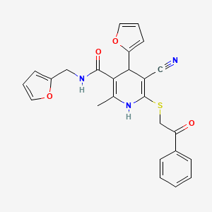 molecular formula C25H21N3O4S B2756300 5-cyano-4-(furan-2-yl)-N-(furan-2-ylmethyl)-2-methyl-6-[(2-oxo-2-phenylethyl)sulfanyl]-1,4-dihydropyridine-3-carboxamide CAS No. 897616-37-4