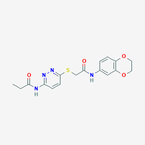molecular formula C17H18N4O4S B2756307 N-(6-((2-((2,3-dihydrobenzo[b][1,4]dioxin-6-yl)amino)-2-oxoethyl)thio)pyridazin-3-yl)propionamide CAS No. 1021025-98-8
