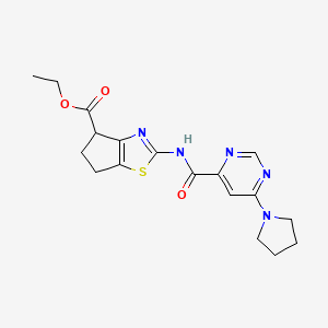 molecular formula C18H21N5O3S B2756312 ethyl 2-(6-(pyrrolidin-1-yl)pyrimidine-4-carboxamido)-5,6-dihydro-4H-cyclopenta[d]thiazole-4-carboxylate CAS No. 2034474-92-3