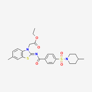 molecular formula C25H29N3O5S2 B2756351 Ethyl 2-[6-methyl-2-[4-(4-methylpiperidin-1-yl)sulfonylbenzoyl]imino-1,3-benzothiazol-3-yl]acetate CAS No. 897734-62-2