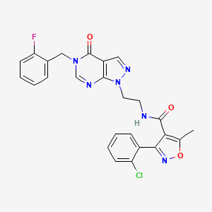 molecular formula C25H20ClFN6O3 B2756379 3-(2-chlorophenyl)-N-(2-(5-(2-fluorobenzyl)-4-oxo-4,5-dihydro-1H-pyrazolo[3,4-d]pyrimidin-1-yl)ethyl)-5-methylisoxazole-4-carboxamide CAS No. 922010-30-8