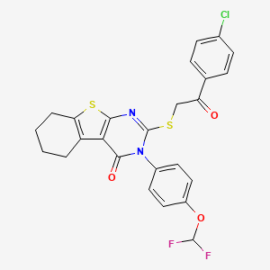 molecular formula C25H19ClF2N2O3S2 B2756497 2-[2-(4-Chlorophenyl)-2-oxoethyl]sulfanyl-3-[4-(difluoromethoxy)phenyl]-5,6,7,8-tetrahydro-[1]benzothiolo[2,3-d]pyrimidin-4-one CAS No. 380340-00-1
