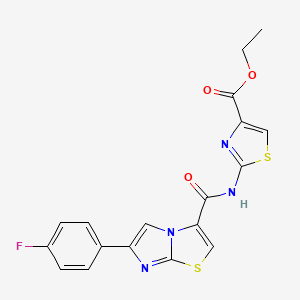 molecular formula C18H13FN4O3S2 B2756559 Ethyl 2-(6-(4-fluorophenyl)imidazo[2,1-b]thiazole-3-carboxamido)thiazole-4-carboxylate CAS No. 1049365-31-2