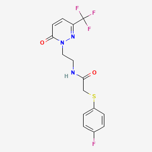 molecular formula C15H13F4N3O2S B2756642 2-(4-Fluorophenyl)sulfanyl-N-[2-[6-oxo-3-(trifluoromethyl)pyridazin-1-yl]ethyl]acetamide CAS No. 2415490-98-9