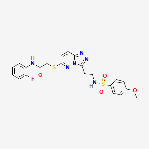 molecular formula C22H21FN6O4S2 B2756761 N-(2-氟苯基)-2-((3-(2-(4-甲氧基苯基磺酰氨基)乙基)-[1,2,4]三唑并[4,3-b]吡啶-6-基)硫)乙酰胺 CAS No. 873001-75-3