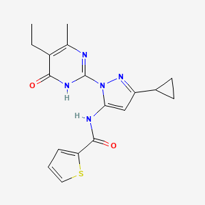 molecular formula C18H19N5O2S B2756801 N-(3-cyclopropyl-1-(5-ethyl-4-methyl-6-oxo-1,6-dihydropyrimidin-2-yl)-1H-pyrazol-5-yl)thiophene-2-carboxamide CAS No. 1207053-88-0