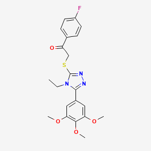 molecular formula C21H22FN3O4S B2756804 2-[[4-Ethyl-5-(3,4,5-trimethoxyphenyl)-1,2,4-triazol-3-yl]sulfanyl]-1-(4-fluorophenyl)ethanone CAS No. 637320-97-9