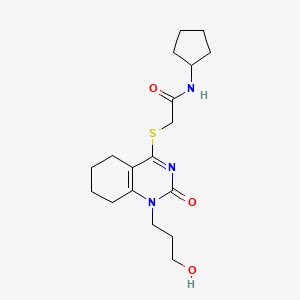 molecular formula C18H27N3O3S B2756841 N-cyclopentyl-2-((1-(3-hydroxypropyl)-2-oxo-1,2,5,6,7,8-hexahydroquinazolin-4-yl)thio)acetamide CAS No. 899977-56-1