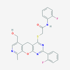 molecular formula C26H20F2N4O3S B2756883 N-(2-fluorophenyl)-2-((2-(2-fluorophenyl)-6-(hydroxymethyl)-9-methyl-5H-pyrido[4',3':5,6]pyrano[2,3-d]pyrimidin-4-yl)thio)acetamide CAS No. 892386-32-2