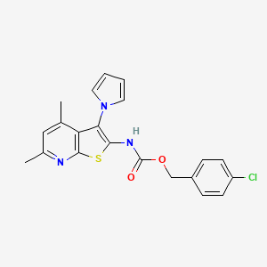 molecular formula C21H18ClN3O2S B2756931 4-chlorobenzyl N-[4,6-dimethyl-3-(1H-pyrrol-1-yl)thieno[2,3-b]pyridin-2-yl]carbamate CAS No. 866039-17-0