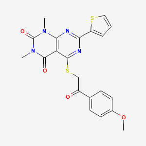 molecular formula C21H18N4O4S2 B2756989 5-((2-(4-methoxyphenyl)-2-oxoethyl)thio)-1,3-dimethyl-7-(thiophen-2-yl)pyrimido[4,5-d]pyrimidine-2,4(1H,3H)-dione CAS No. 847192-38-5