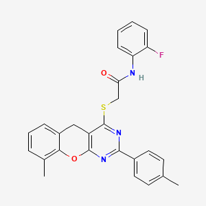 molecular formula C27H22FN3O2S B2757146 N-(2-fluorophenyl)-2-((9-methyl-2-(p-tolyl)-5H-chromeno[2,3-d]pyrimidin-4-yl)thio)acetamide CAS No. 866842-70-8