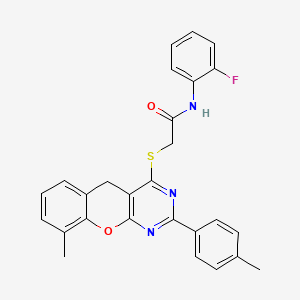 molecular formula C27H22FN3O2S B2757146 N-(2-fluorophenyl)-2-{[9-methyl-2-(4-methylphenyl)-5H-chromeno[2,3-d]pyrimidin-4-yl]sulfanyl}acetamide CAS No. 866842-70-8