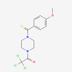 molecular formula C14H15Cl3N2O2S B2757149 2,2,2-Trichloro-1-(4-(4-methoxyphenylcarbonothioyl)piperazin-1-yl)ethanone CAS No. 867136-06-9