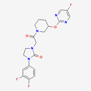 molecular formula C20H20F3N5O3 B2757150 1-(3,4-Difluorophenyl)-3-(2-(3-((5-fluoropyrimidin-2-yl)oxy)piperidin-1-yl)-2-oxoethyl)imidazolidin-2-one CAS No. 2034528-64-6