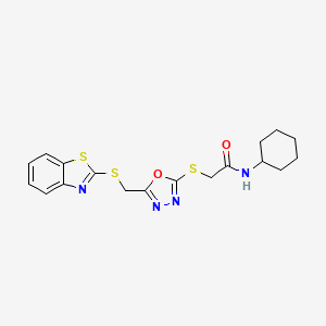 molecular formula C18H20N4O2S3 B2757156 2-({5-[(1,3-benzothiazol-2-ylsulfanyl)methyl]-1,3,4-oxadiazol-2-yl}sulfanyl)-N-cyclohexylacetamide CAS No. 488733-94-4