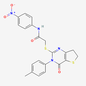 molecular formula C21H18N4O4S2 B2757181 N-(4-nitrophenyl)-2-((4-oxo-3-(p-tolyl)-3,4,6,7-tetrahydrothieno[3,2-d]pyrimidin-2-yl)thio)acetamide CAS No. 686771-53-9