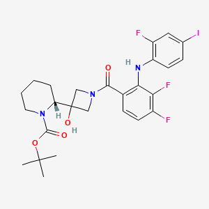 molecular formula C26H29F3IN3O4 B2757233 1-Piperidinecarboxylic acid, 2-[1-[3,4-difluoro-2-[(2-fluoro-4-iodophenyl)amino]benzoyl]-3-hydroxy-3-azetidinyl]-, 1,1-dimethylethyl ester, (2R)- CAS No. 934665-56-2