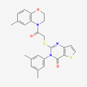 molecular formula C25H23N3O3S2 B2757236 3-(3,5-二甲基苯基)-2-{[2-(6-甲基-2,3-二氢-4H-1,4-苯并噁嗪-4-基)-2-氧代乙基]硫代基}噻吩[3,2-d]嘧啶-4(3H)-酮 CAS No. 1260918-32-8