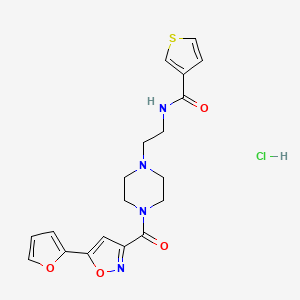 molecular formula C19H21ClN4O4S B2757308 N-(2-(4-(5-(furan-2-yl)isoxazole-3-carbonyl)piperazin-1-yl)ethyl)thiophene-3-carboxamide hydrochloride CAS No. 1351599-31-9