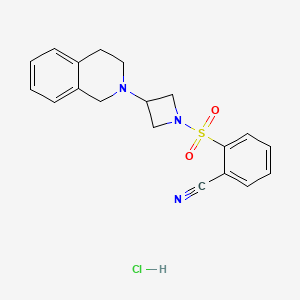 molecular formula C19H20ClN3O2S B2757331 2-((3-(3,4-dihydroisoquinolin-2(1H)-yl)azetidin-1-yl)sulfonyl)benzonitrile hydrochloride CAS No. 2034264-73-6