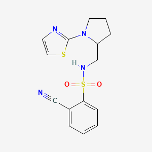 molecular formula C15H16N4O2S2 B2757387 2-cyano-N-((1-(thiazol-2-yl)pyrrolidin-2-yl)methyl)benzenesulfonamide CAS No. 1798624-28-8