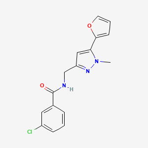 molecular formula C16H14ClN3O2 B2757397 3-chloro-N-((5-(furan-2-yl)-1-methyl-1H-pyrazol-3-yl)methyl)benzamide CAS No. 1421456-16-7