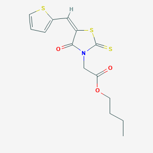 molecular formula C14H15NO3S3 B2757424 (E)-butyl 2-(4-oxo-5-(thiophen-2-ylmethylene)-2-thioxothiazolidin-3-yl)acetate CAS No. 682783-23-9