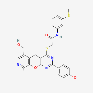 molecular formula C28H26N4O4S2 B2757449 2-((6-(hydroxymethyl)-2-(4-methoxyphenyl)-9-methyl-5H-pyrido[4',3':5,6]pyrano[2,3-d]pyrimidin-4-yl)thio)-N-(3-(methylthio)phenyl)acetamide CAS No. 892382-51-3
