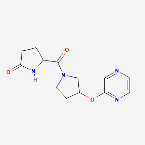 molecular formula C13H16N4O3 B2757472 5-(3-(Pyrazin-2-yloxy)pyrrolidine-1-carbonyl)pyrrolidin-2-one CAS No. 2034203-81-9