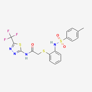 molecular formula C18H15F3N4O3S3 B2757797 2-[(2-{[(4-methylphenyl)sulfonyl]amino}phenyl)sulfanyl]-N-[5-(trifluoromethyl)-1,3,4-thiadiazol-2-yl]acetamide CAS No. 478045-41-9