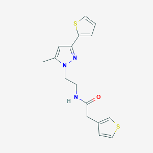molecular formula C16H17N3OS2 B2757847 N-(2-(5-methyl-3-(thiophen-2-yl)-1H-pyrazol-1-yl)ethyl)-2-(thiophen-3-yl)acetamide CAS No. 2034585-10-7