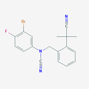 molecular formula C18H15BrFN3 B2757867 (3-Bromo-4-fluorophenyl)-[[2-(2-cyanopropan-2-yl)phenyl]methyl]cyanamide CAS No. 2411266-12-9