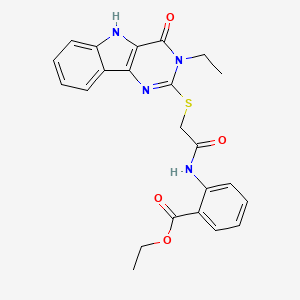 molecular formula C23H22N4O4S B2757886 ethyl 2-({[(3-ethyl-4-oxo-4,5-dihydro-3H-pyrimido[5,4-b]indol-2-yl)thio]acetyl}amino)benzoate CAS No. 888460-93-3