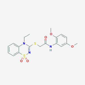 molecular formula C19H21N3O5S2 B2757906 N-(2,5-dimethoxyphenyl)-2-((4-ethyl-1,1-dioxido-4H-benzo[e][1,2,4]thiadiazin-3-yl)thio)acetamide CAS No. 1019141-12-8