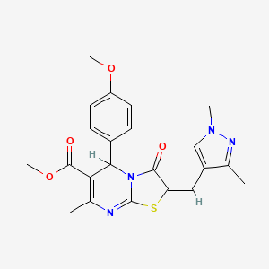 molecular formula C22H22N4O4S B2758020 (E)-methyl 2-((1,3-dimethyl-1H-pyrazol-4-yl)methylene)-5-(4-methoxyphenyl)-7-methyl-3-oxo-3,5-dihydro-2H-thiazolo[3,2-a]pyrimidine-6-carboxylate CAS No. 492425-86-2
