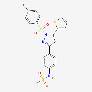 molecular formula C20H18FN3O4S3 B2758022 N-[4-[2-(4-fluorophenyl)sulfonyl-3-thiophen-2-yl-3,4-dihydropyrazol-5-yl]phenyl]methanesulfonamide CAS No. 851781-26-5