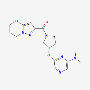 molecular formula C17H22N6O3 B2758067 (6,7-dihydro-5H-pyrazolo[5,1-b][1,3]oxazin-2-yl)(3-((6-(dimethylamino)pyrazin-2-yl)oxy)pyrrolidin-1-yl)methanone CAS No. 2034278-99-2