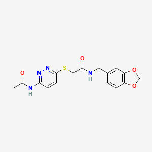 molecular formula C16H16N4O4S B2758132 2-((6-乙酰胺基吡啶-3-基)硫基)-N-(苯并[d][1,3]二噁杂环-5-基甲基)乙酰胺 CAS No. 1021075-93-3