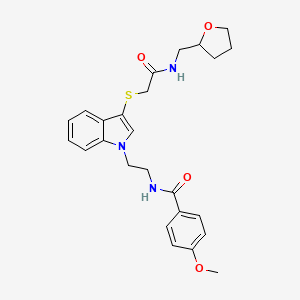 4-methoxy-N-(2-(3-((2-oxo-2-(((tetrahydrofuran-2-yl)methyl)amino)ethyl)thio)-1H-indol-1-yl)ethyl)benzamide