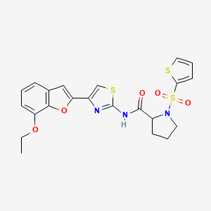 molecular formula C22H21N3O5S3 B2758181 N-(4-(7-乙氧苯并呋喃-2-基)噻唑-2-基)-1-(噻吩-2-基磺酰)吡咯啉-2-羧酰胺 CAS No. 1049827-69-1