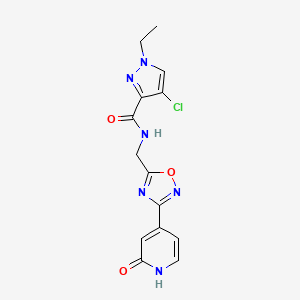 molecular formula C14H13ClN6O3 B2758319 4-chloro-1-ethyl-N-((3-(2-oxo-1,2-dihydropyridin-4-yl)-1,2,4-oxadiazol-5-yl)methyl)-1H-pyrazole-3-carboxamide CAS No. 2034280-78-7
