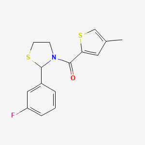 molecular formula C15H14FNOS2 B2758327 (2-(3-Fluorophenyl)thiazolidin-3-yl)(4-methylthiophen-2-yl)methanone CAS No. 2034286-99-0